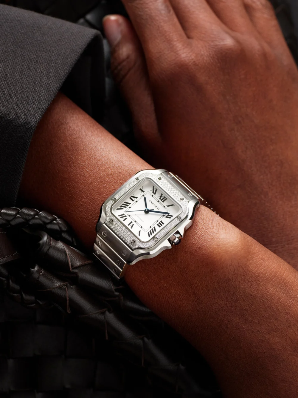 Cartier Santos De Cartier Automatic Stainless Steel Diamond Watch, styled view