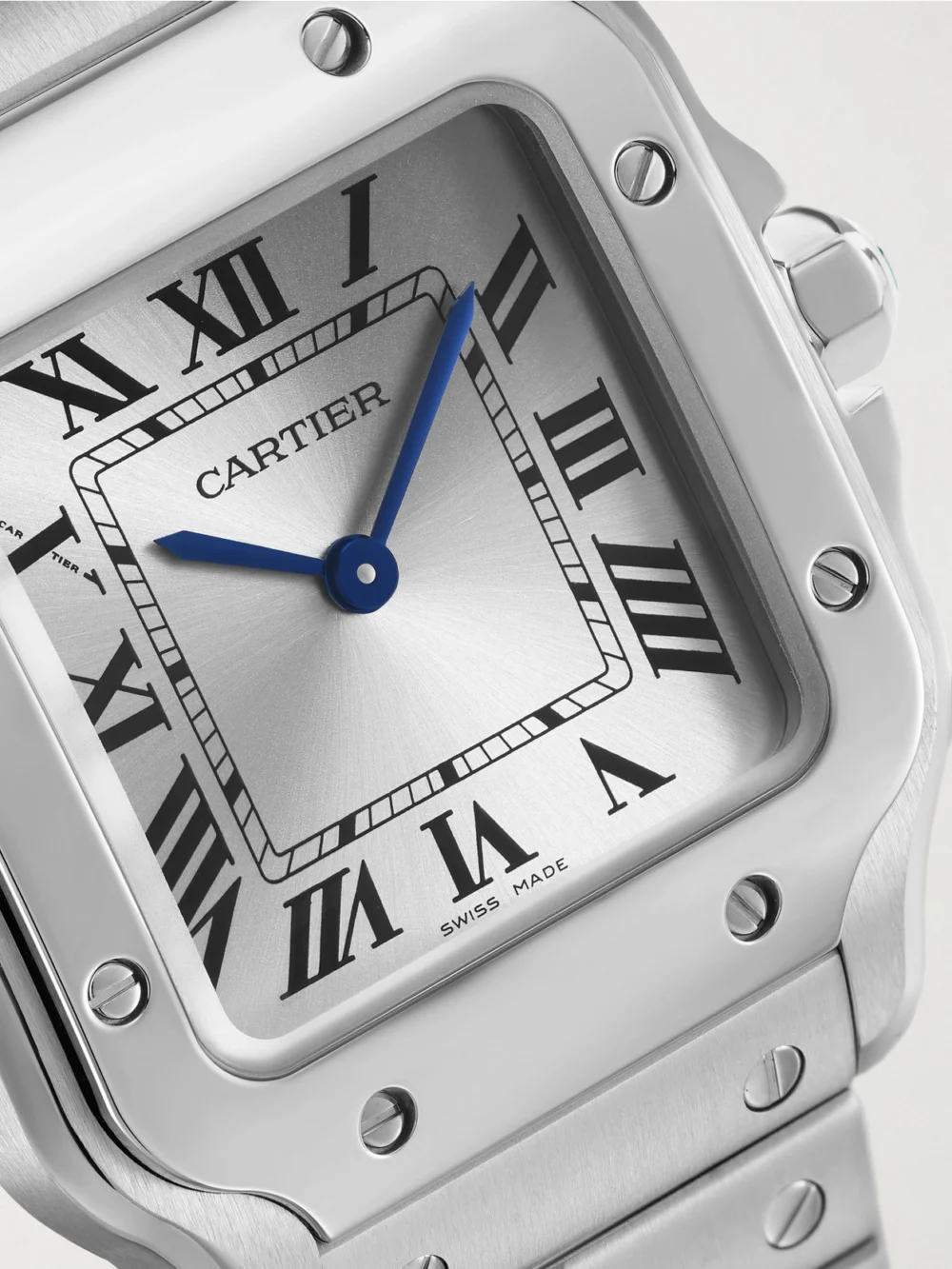 Close-up detail of the Cartier Santos De Cartier Stainless Steel Watch