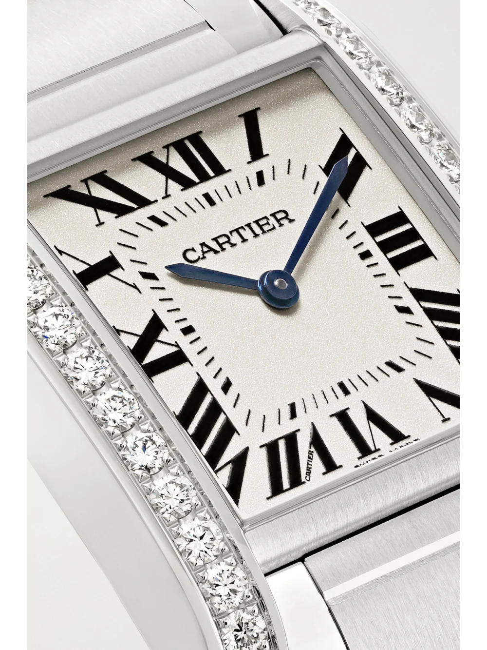 Close-up detail of the Cartier Tank Française Medium Stainless Steel and Diamond Watch