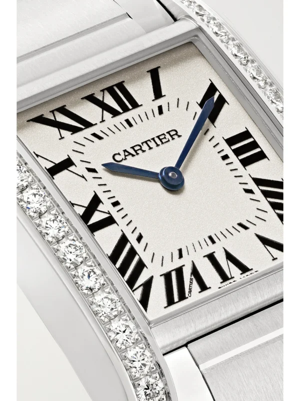 Close-up detail of the Cartier Tank Française Medium Stainless Steel and Diamond Watch