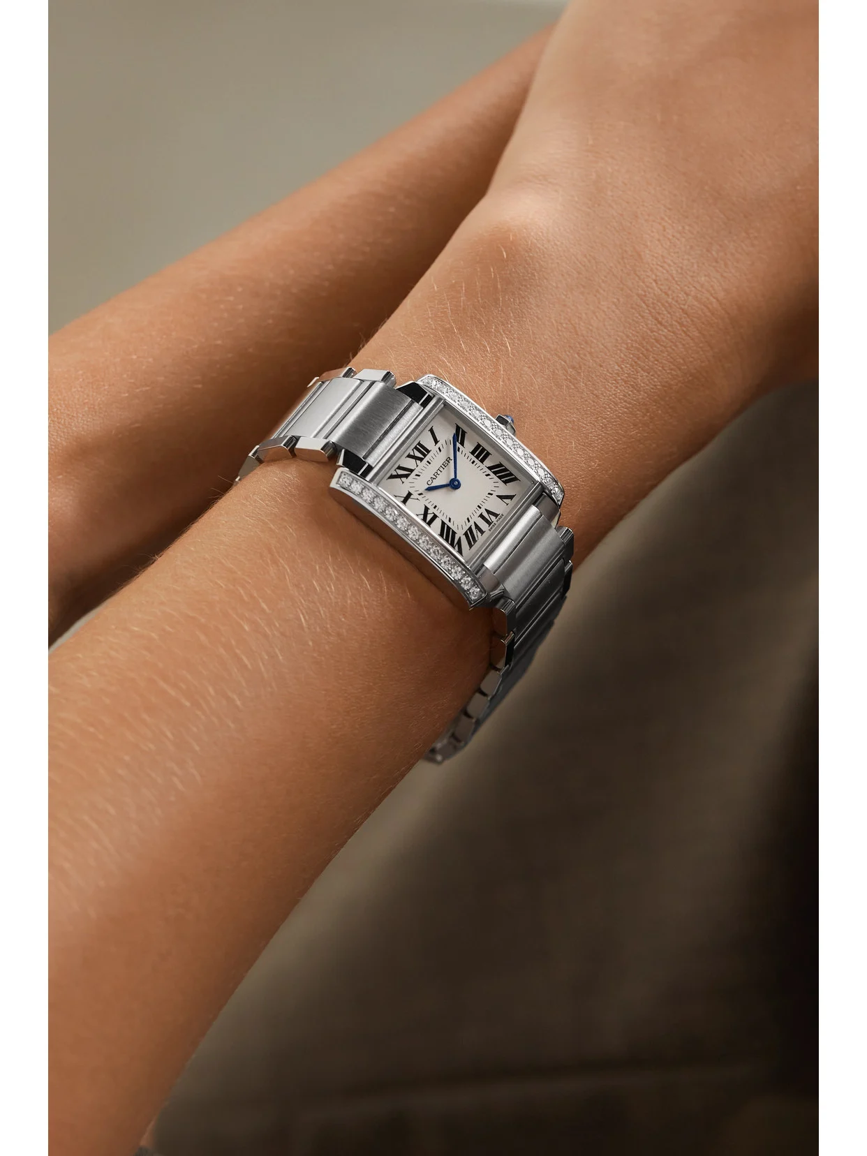Cartier Tank Française Medium Stainless Steel and Diamond Watch, styled view