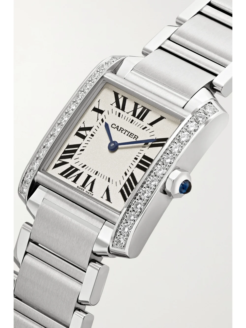 Side view of the Cartier Tank Française Medium Stainless Steel and Diamond Watch