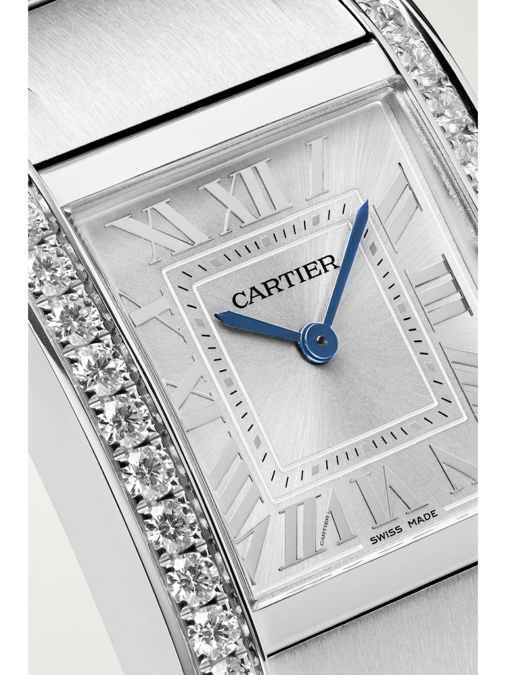 Close-up detail of the Cartier Tank Française Medium Stainless Steel Diamond Watch
