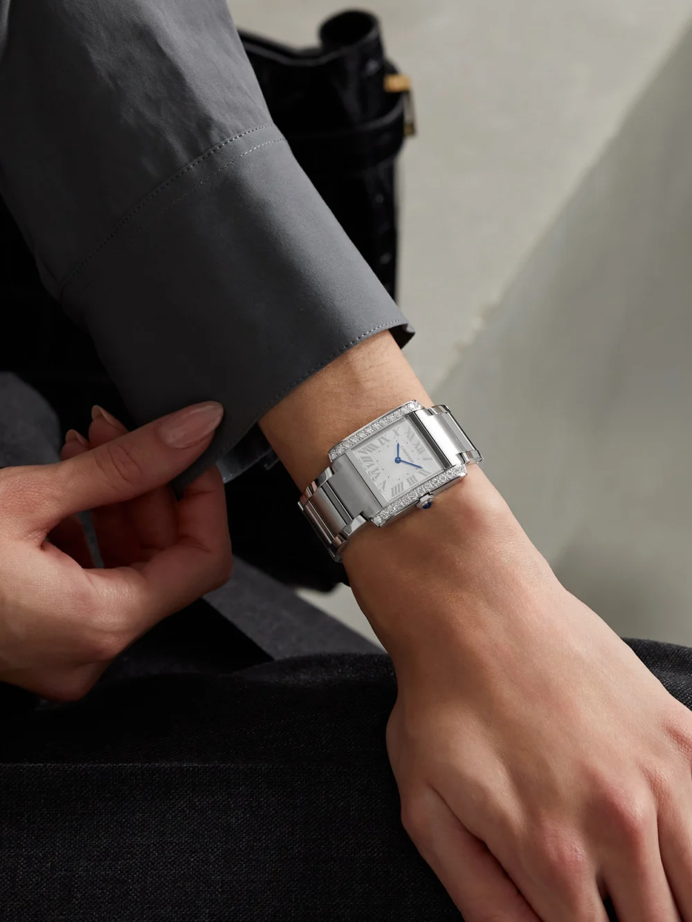 Cartier Tank Française Medium Stainless Steel Diamond Watch, styled view