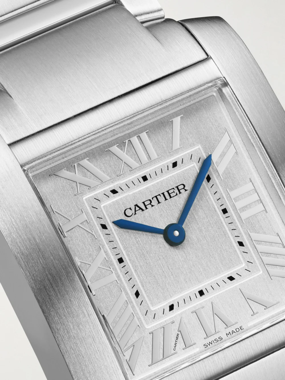 Close-up detail of the Cartier Tank Française Medium Stainless Steel Watch
