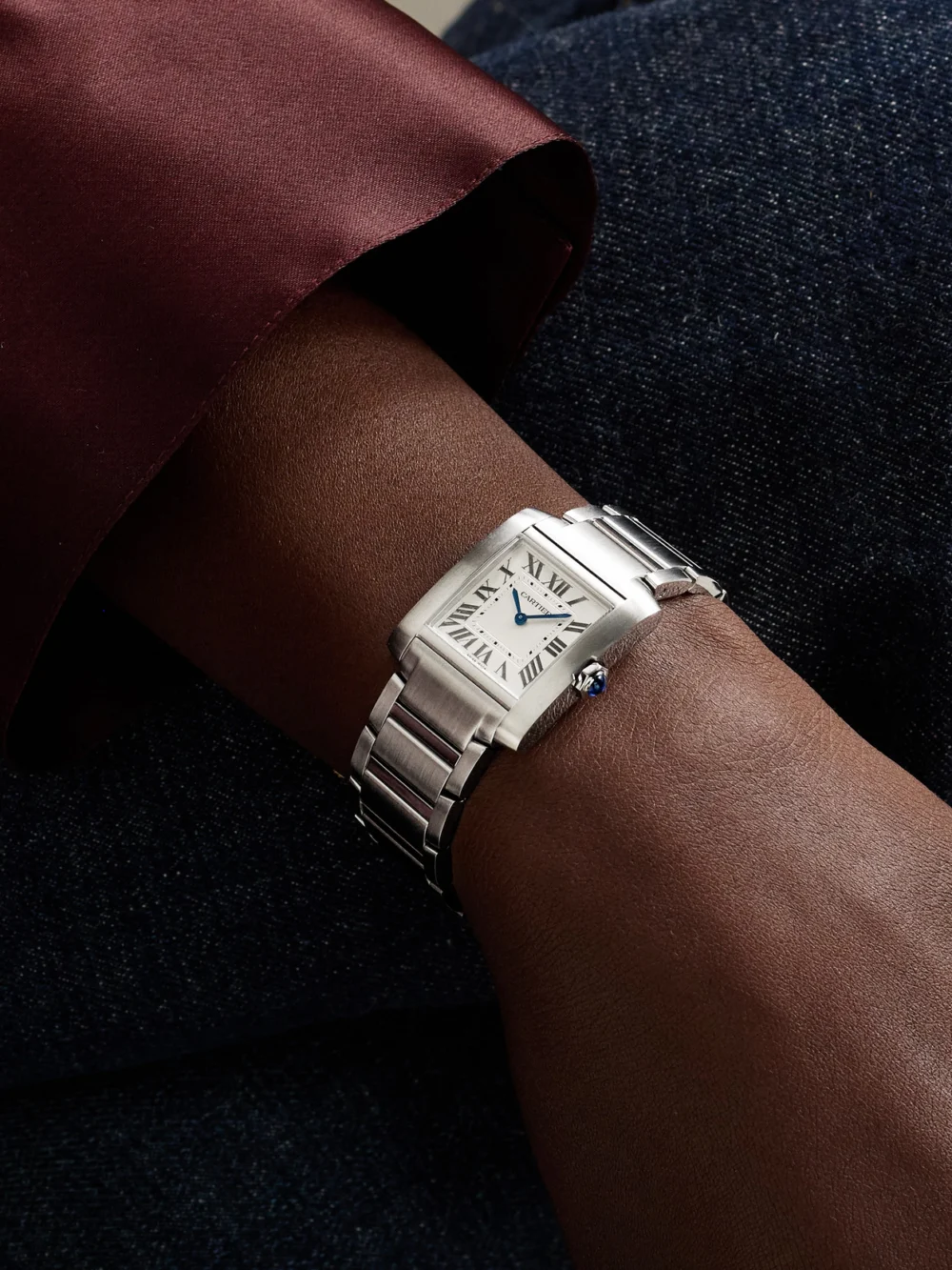 Cartier Tank Française Medium Stainless Steel Watch, styled view