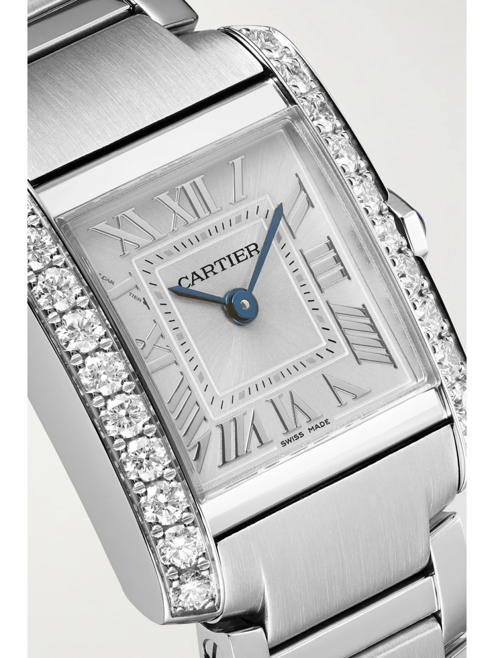 Close-up detail of the Cartier Tank Française Small Stainless Steel Diamond Watch