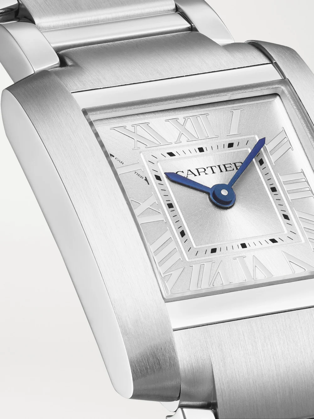 Close-up detail of the Cartier Tank Française Small Stainless Steel Watch