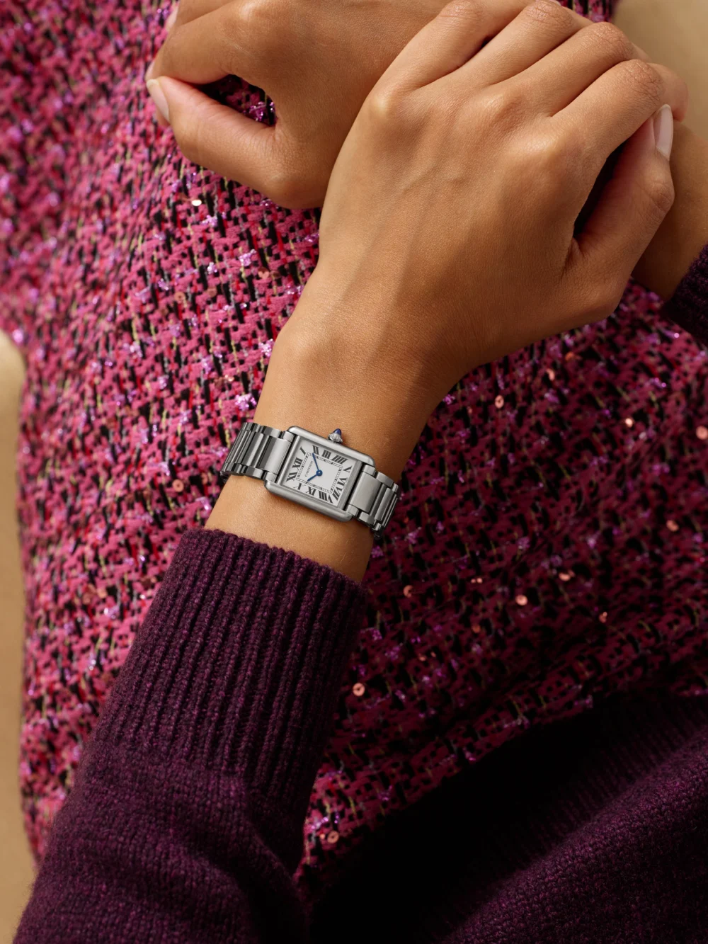 Cartier Tank Must De Cartier Small Solarbeat™ Stainless Steel Watch, styled view