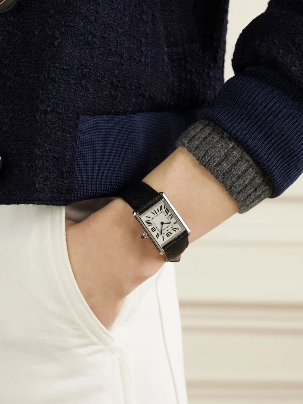 Cartier Tank Must De Cartier Solarbeat™ Stainless Steel Watch, styled view