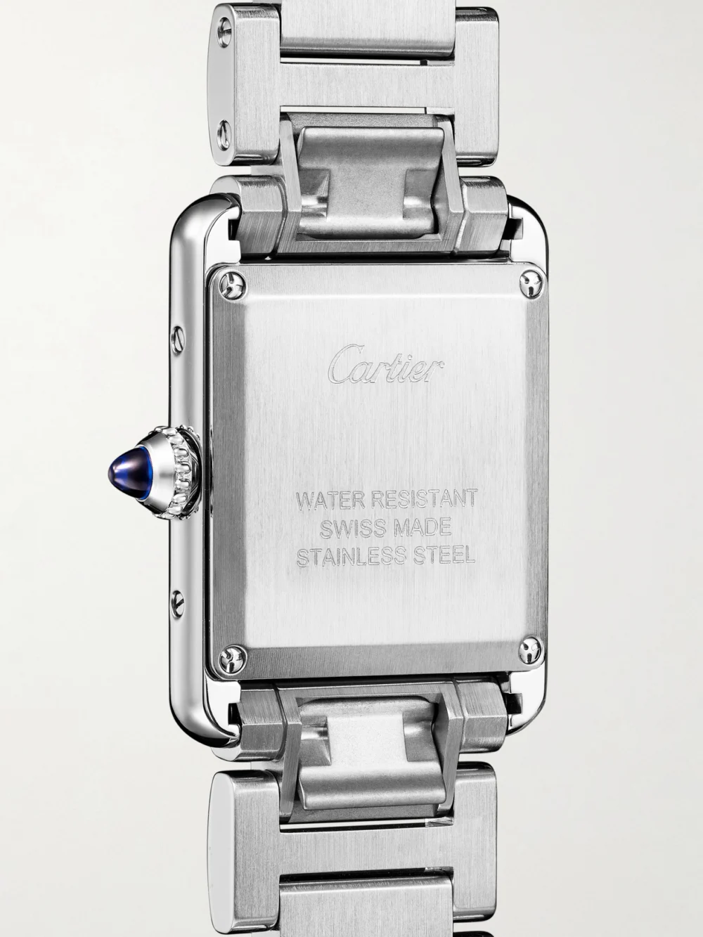 Back view of the Cartier Tank Must De Cartier Stainless Steel Watch