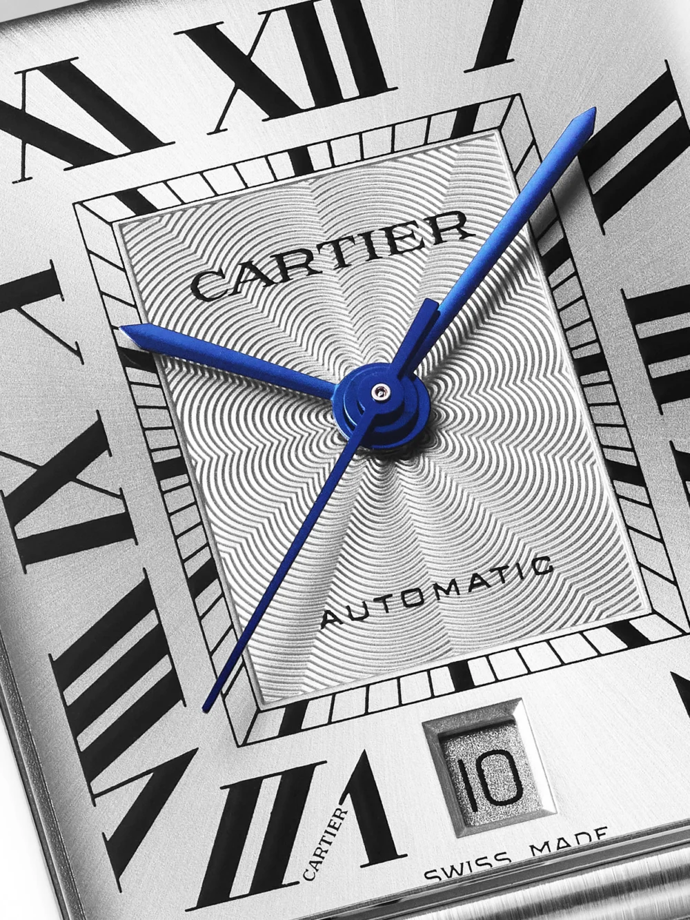 Close-up detail of the Cartier Tank Must Extra-large Stainless Steel Watch