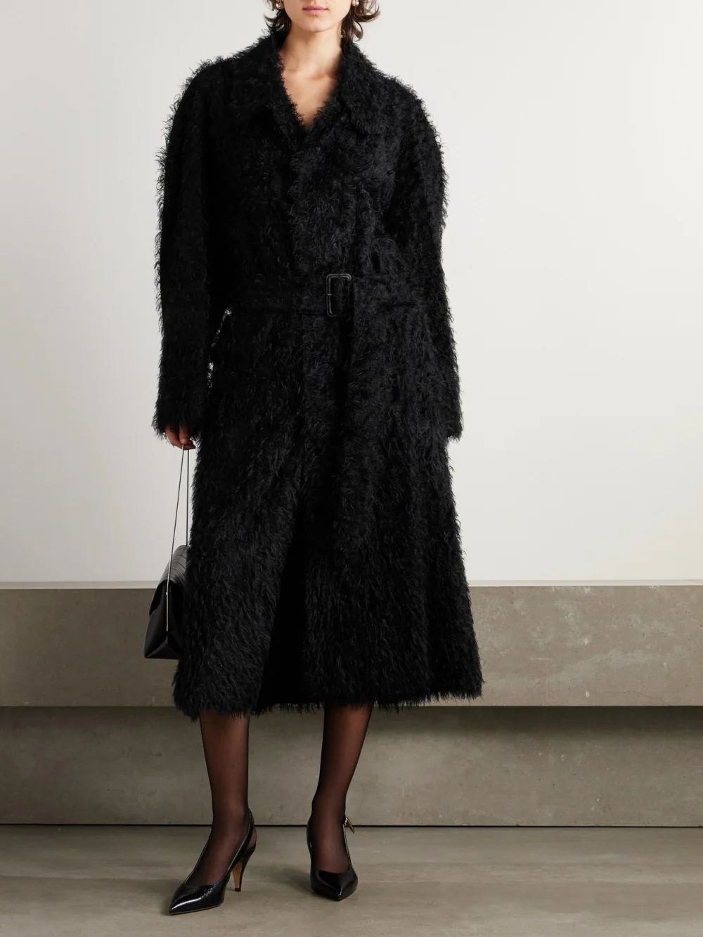 Carven Belted Faux-shearling Coat, worn by a model