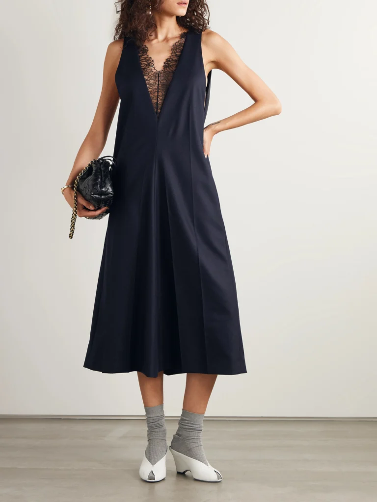Carven Chantilly Lace-trimmed Wool-flannel and Crinkled-satin Midi Dress