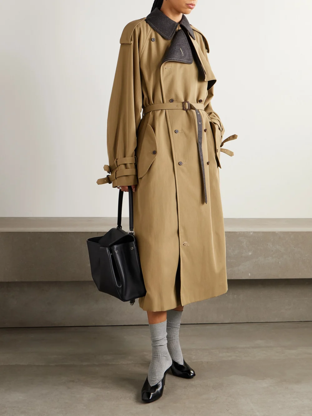 Carven Double-breasted Wool-felt Trimmed Cotton-blend Twill Trench Coat, worn by a model