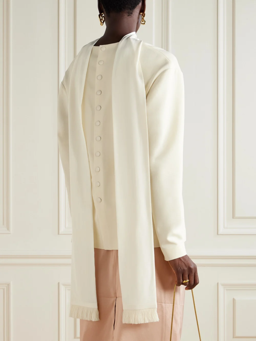 Back view of the Carven Fringed Scarf-detailed Silk-trimmed Wool-blend Blouse