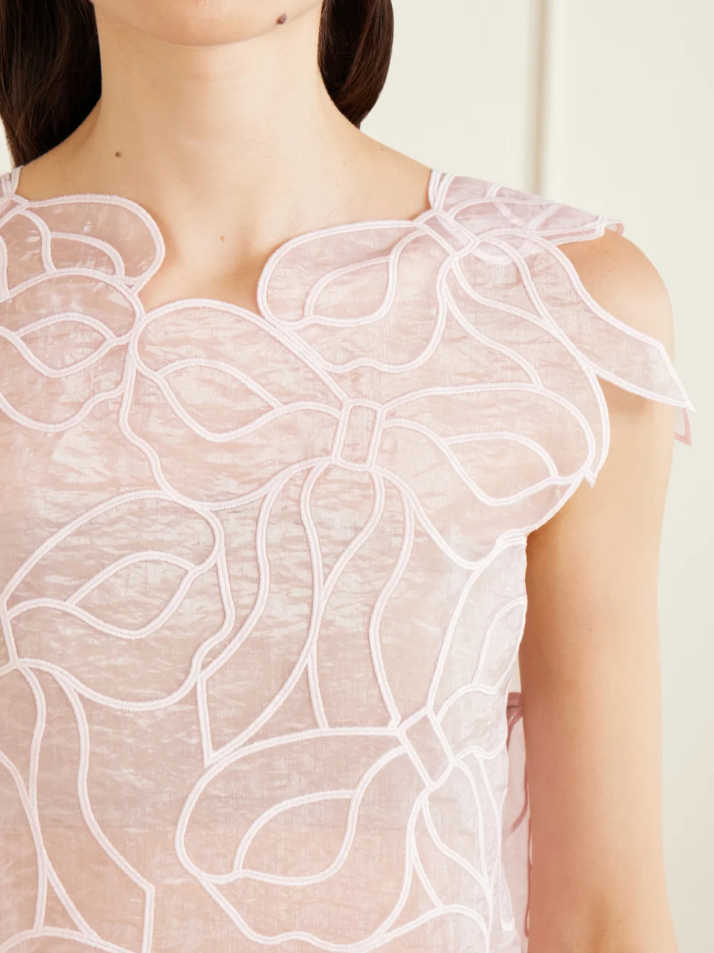 Close-up detail of the Cecilie Bahnsen Aya Embroidered Crinkled Organza Top