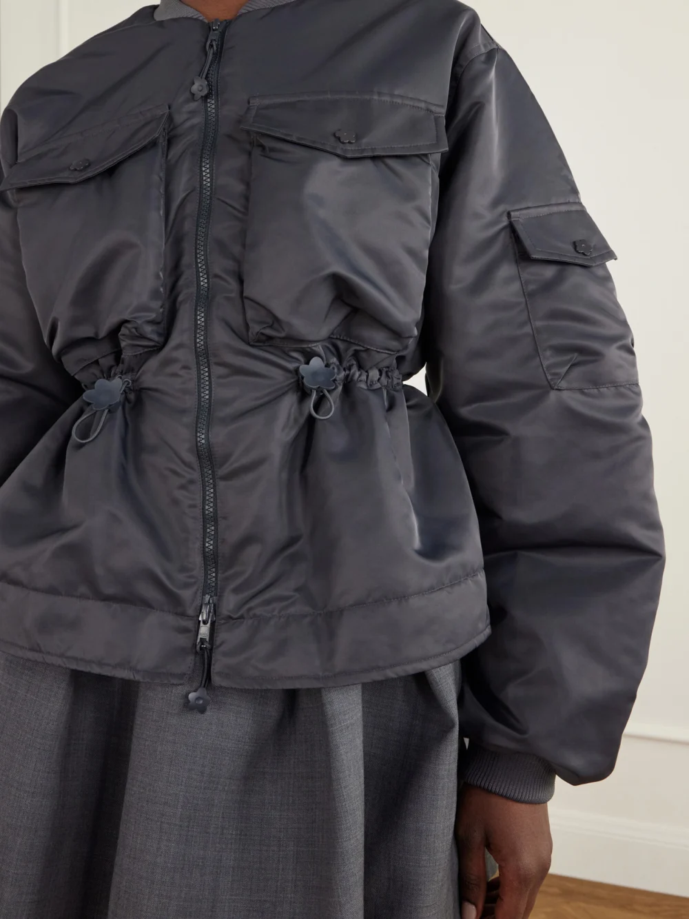 Close-up detail of the Cecilie Bahnsen Birdie Embellished Padded Shell Bomber Jacket