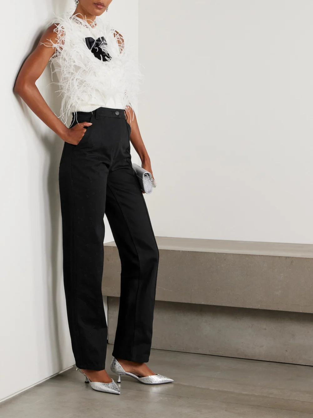 Cecilie Bahnsen Bliss Embroidered Cotton-gabardine Straight-leg Pants, worn by a model