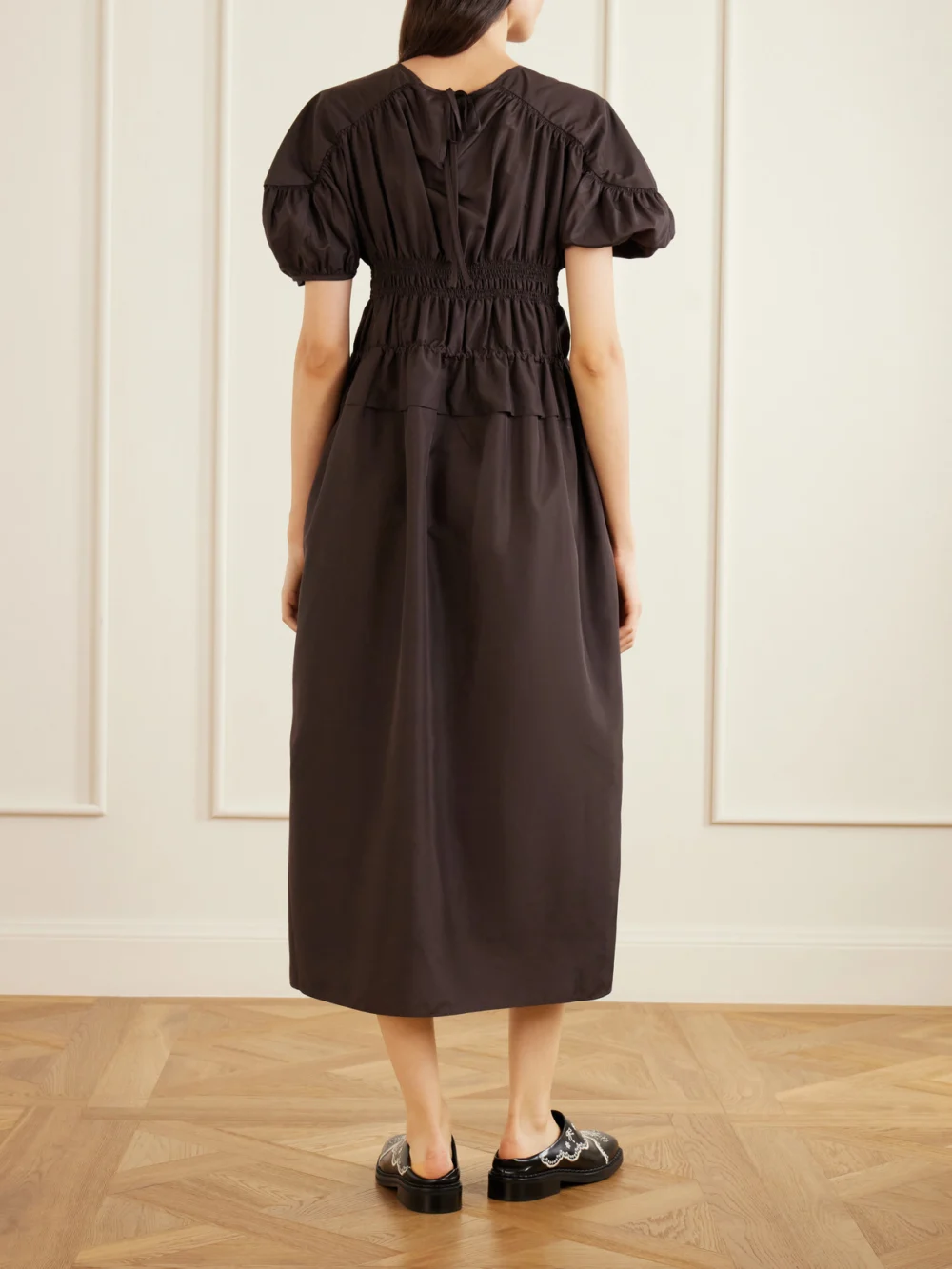 Back view of the Cecilie Bahnsen Cbbetsy Gathered Faille Midi Dress