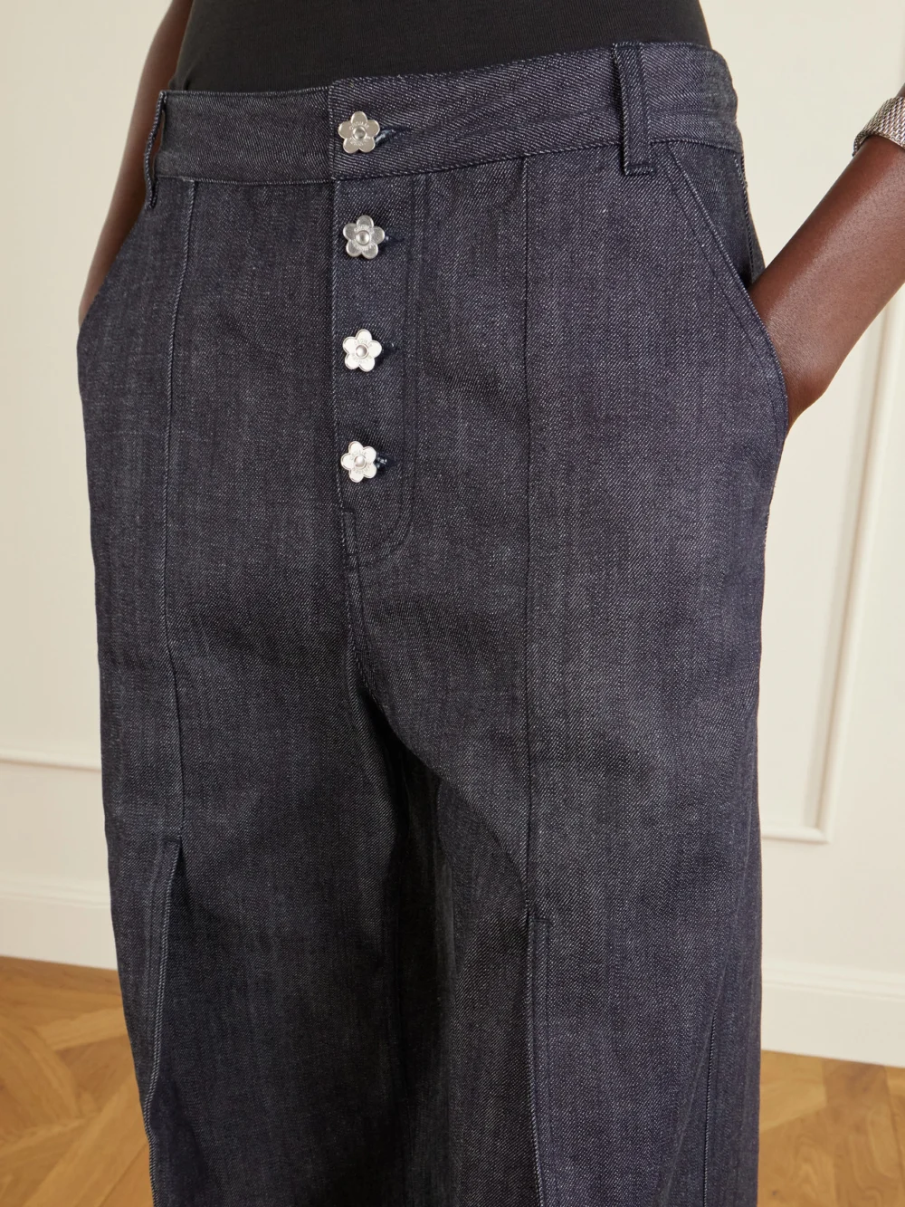 Close-up detail of the Cecilie Bahnsen Cbcarmela High-rise Wide-leg Jeans