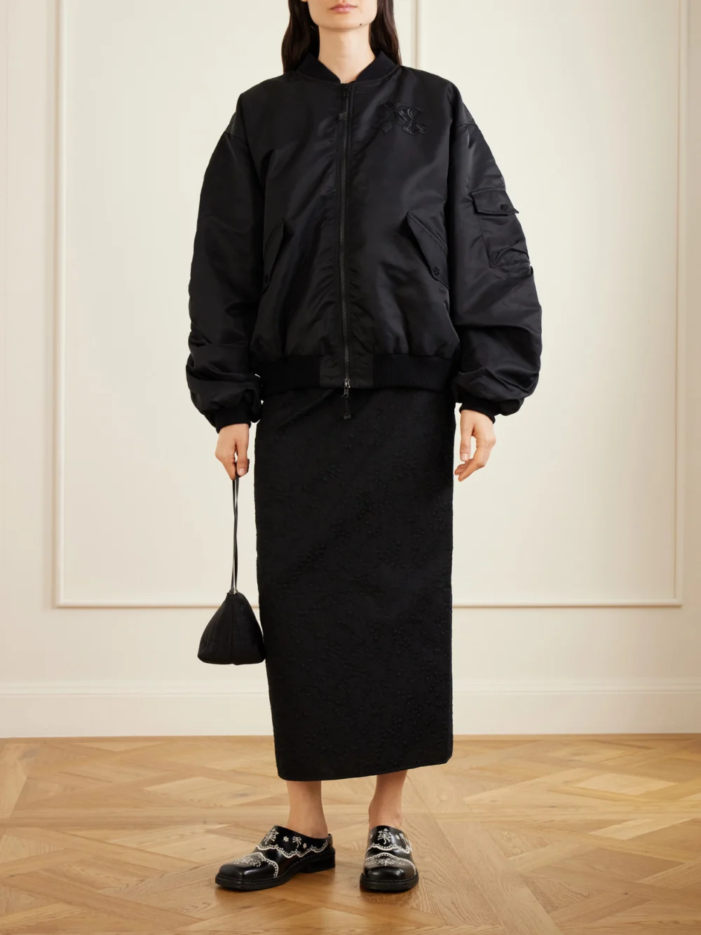 Cecilie Bahnsen Cbfeilan Knotted Embroidered Shell Bomber Jacket, worn by a model