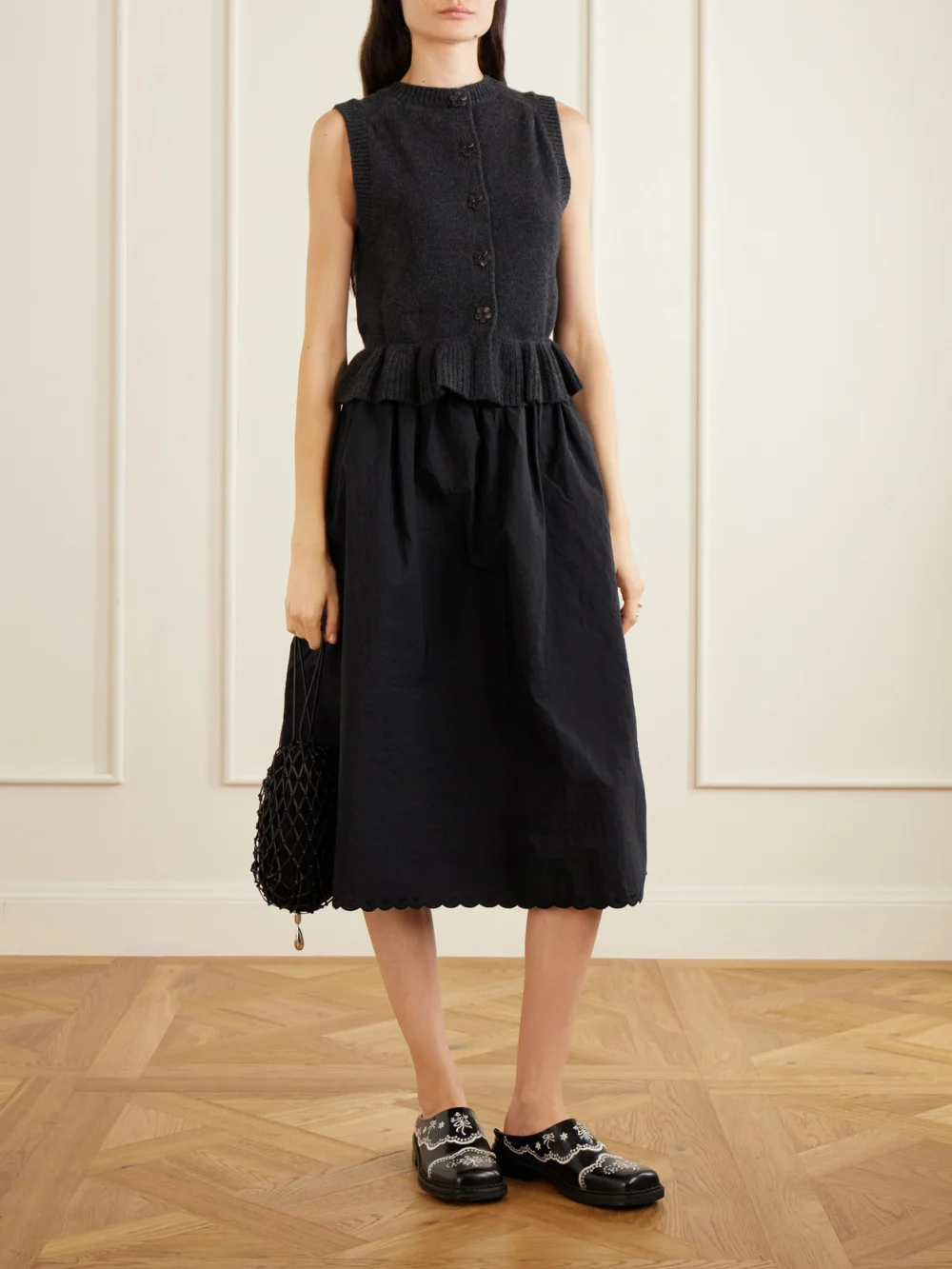 Cecilie Bahnsen Cbfiella Embroidered Scalloped Taffeta Midi Skirt, worn by a model