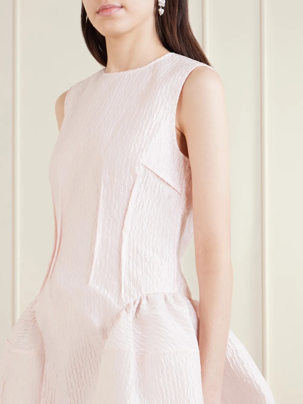 Close-up detail of the Cecilie Bahnsen Claudie Gathered Paneled Cloqué Midi Dress