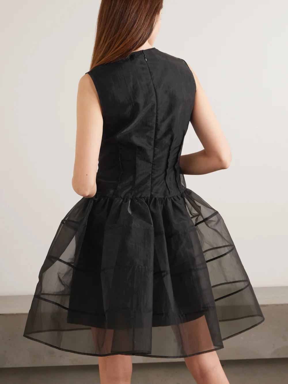 Back view of the Cecilie Bahnsen Claudie Gathered Paneled Organza and Satin Mini Dress
