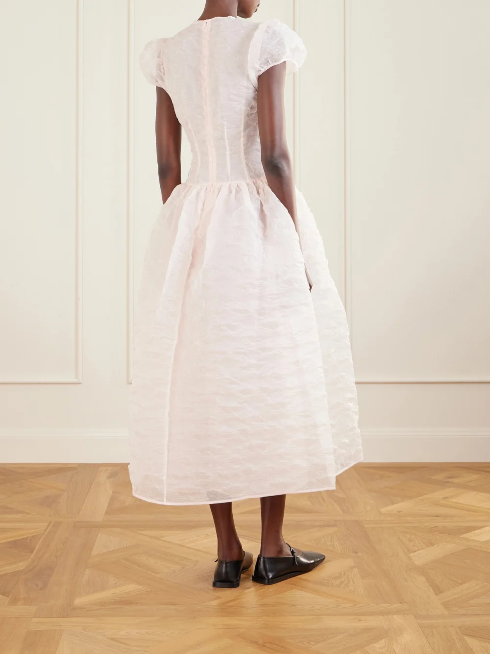 Back view of the Cecilie Bahnsen Cleopatra Matelassé Organza Midi Dress