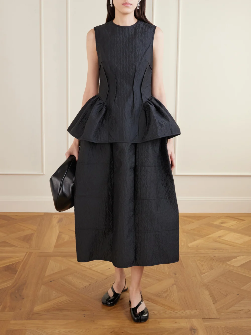 Cecilie Bahnsen Daphne Pleated Cloqué Midi Skirt, worn by a model