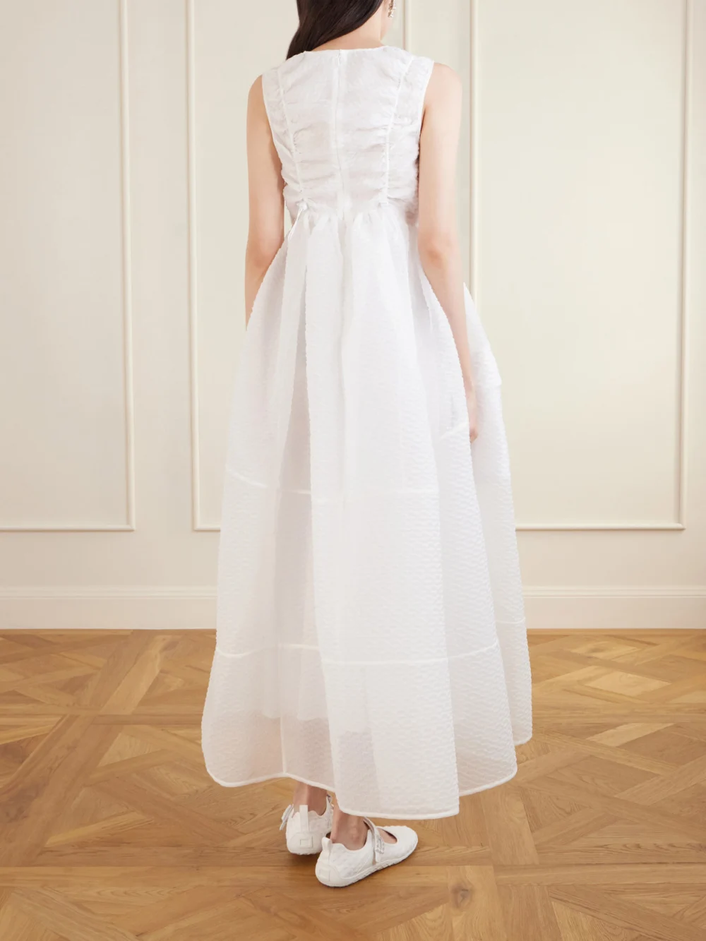 Back view of the Cecilie Bahnsen Duana Lace-trimmed Cloqué Dress