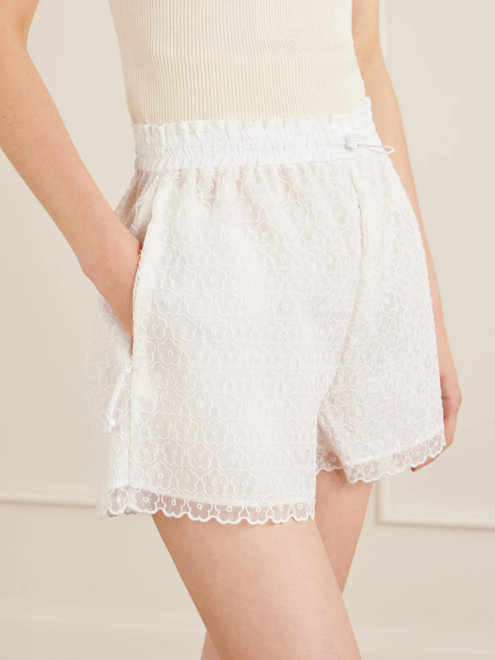 Close-up detail of the Cecilie Bahnsen Embroidered Tulle Shorts