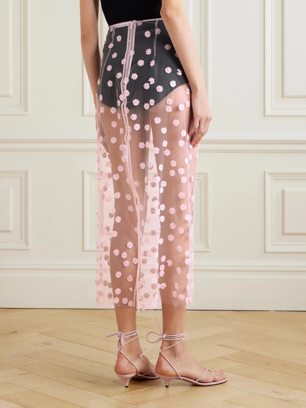 Back view of the Cecilie Bahnsen Gus Embellished Tulle Midi Skirt