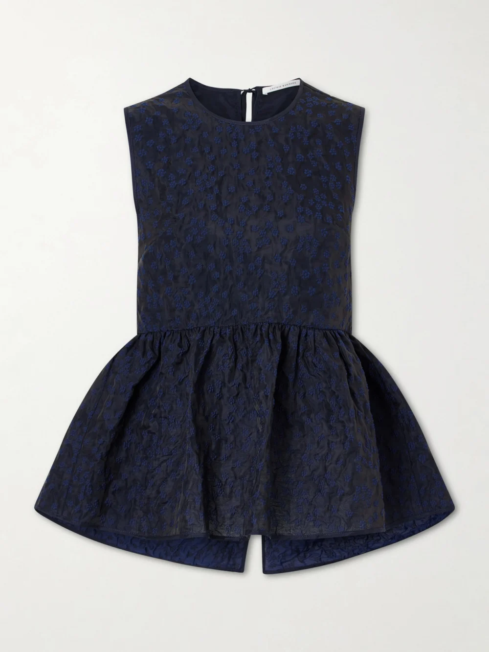 Cecilie Bahnsen Margueritte Embroidered Cotton-blend Cloqué Peplum Top in navy