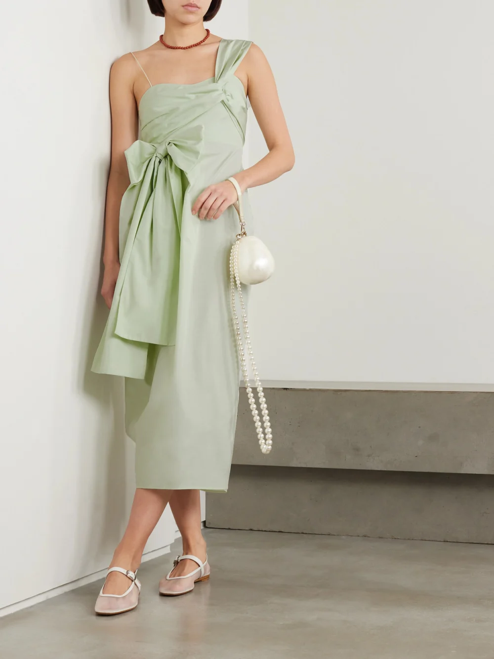 Cecilie Bahnsen Valentina One-shoulder Bow-detailed Cotton-poplin Dress, worn by a model