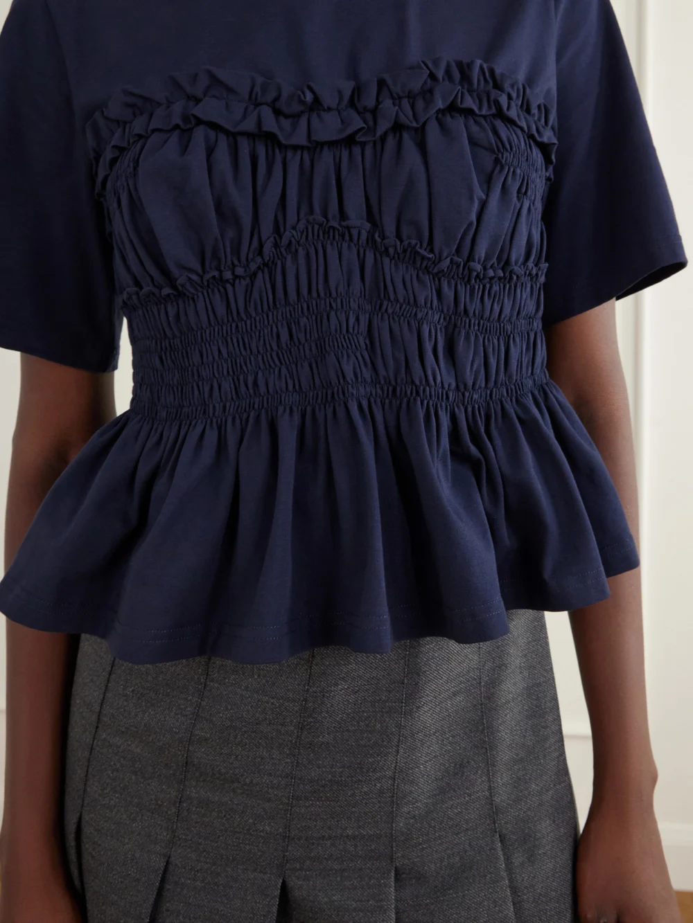 Close-up detail of the Cecilie Bahnsen Vilde Gathered Cotton-stretch Jersey T-shirt
