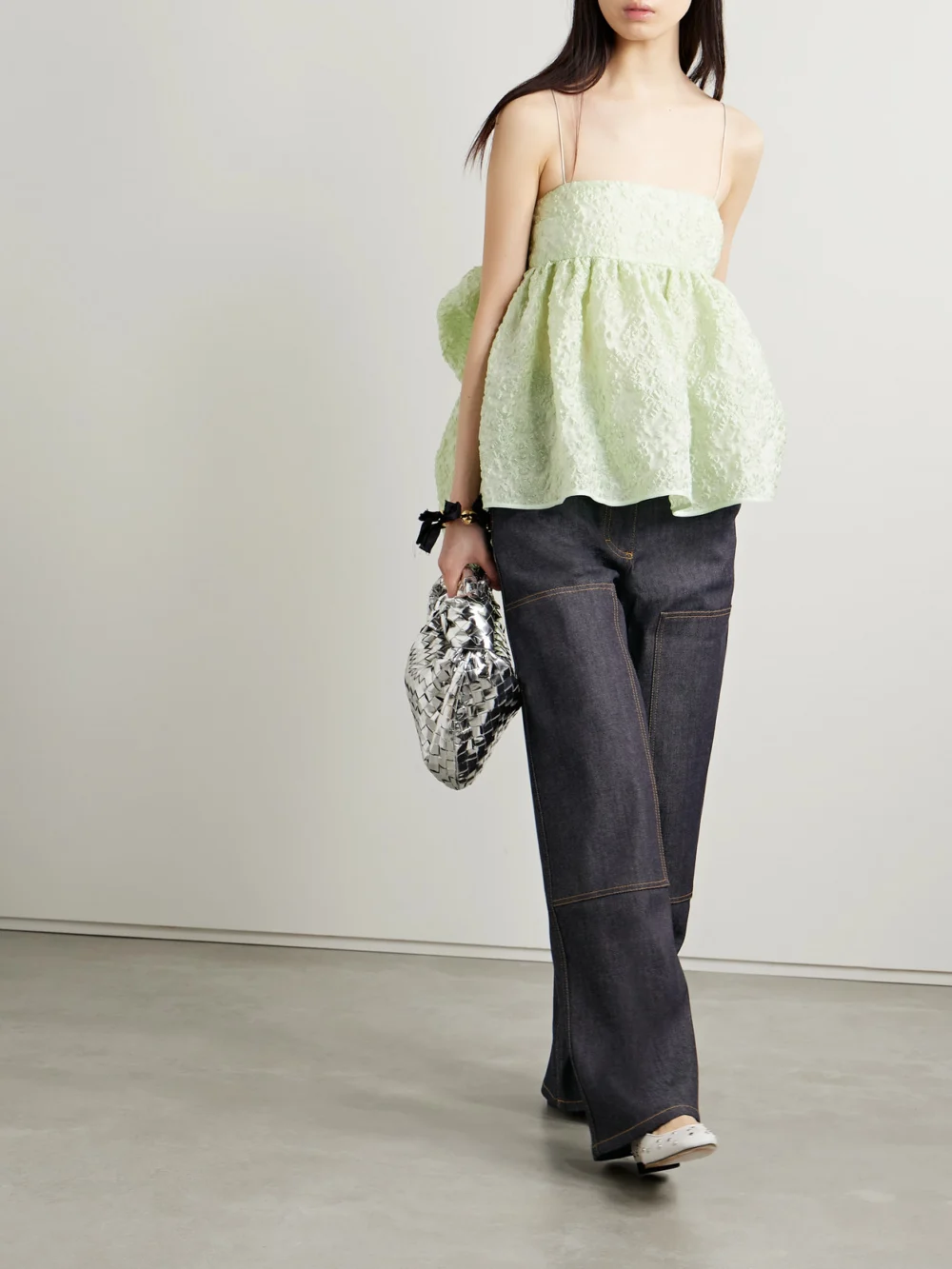 Cecilie Bahnsen Virgina Paneled High-rise Straight-leg Jeans, worn by a model
