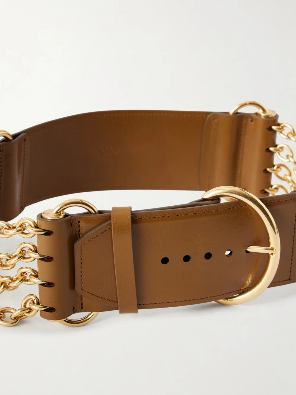 Close-up detail of the Chloé 6.5 Cm Gold-tone and Leather Waist Belt