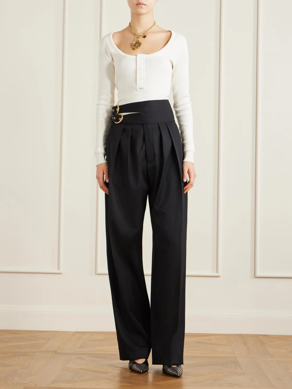 Chloé Alba Studded Perforated Leather Pumps, styled view