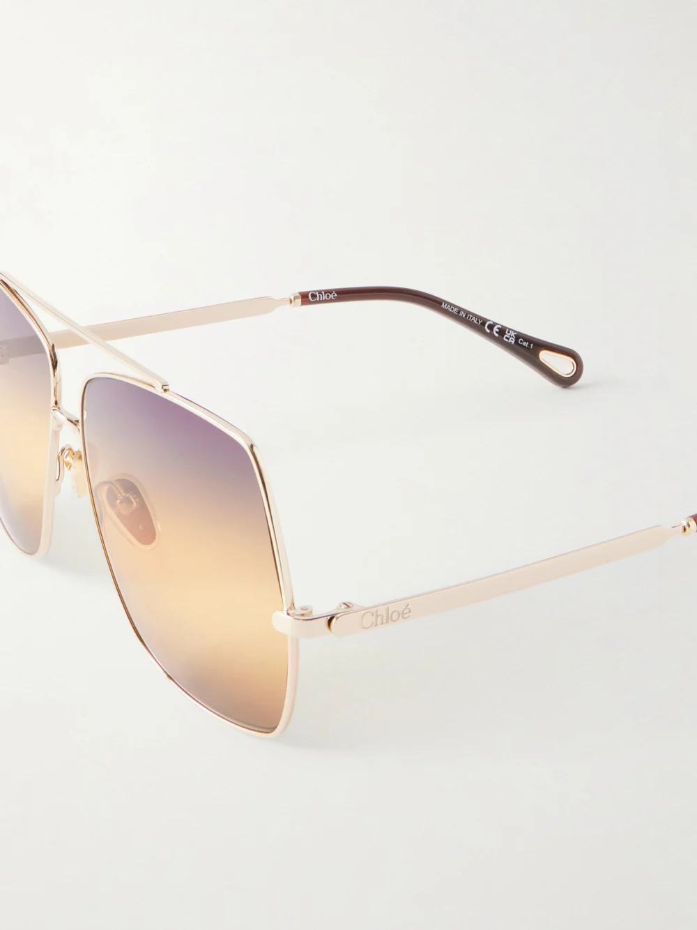 Close-up detail of the Chloé Aly Square-frame Gold-tone Sunglasses