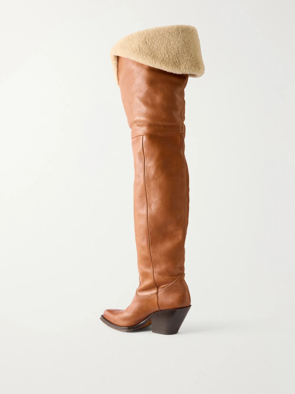 Back view of the Chloé Azalean Shearling-trimmed Leather Over-the-knee Boots