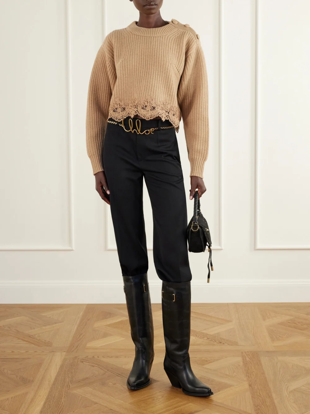 Chloé Azelan Embroidered Leather Knee Boots, styled view