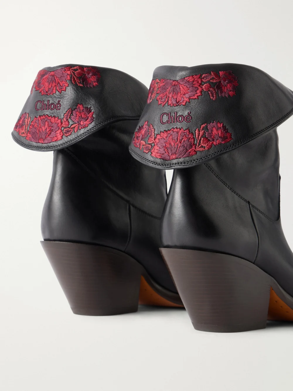 Close-up detail of the Chloé Azelan Floral-embroidered Ankle Boots