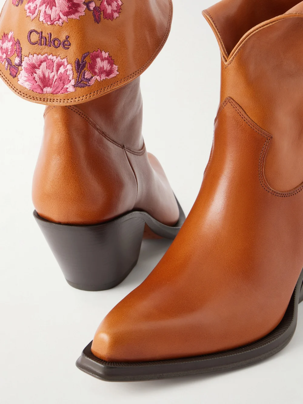 Close-up detail of the Chloé Azelan Floral-embroidered Ankle Boots