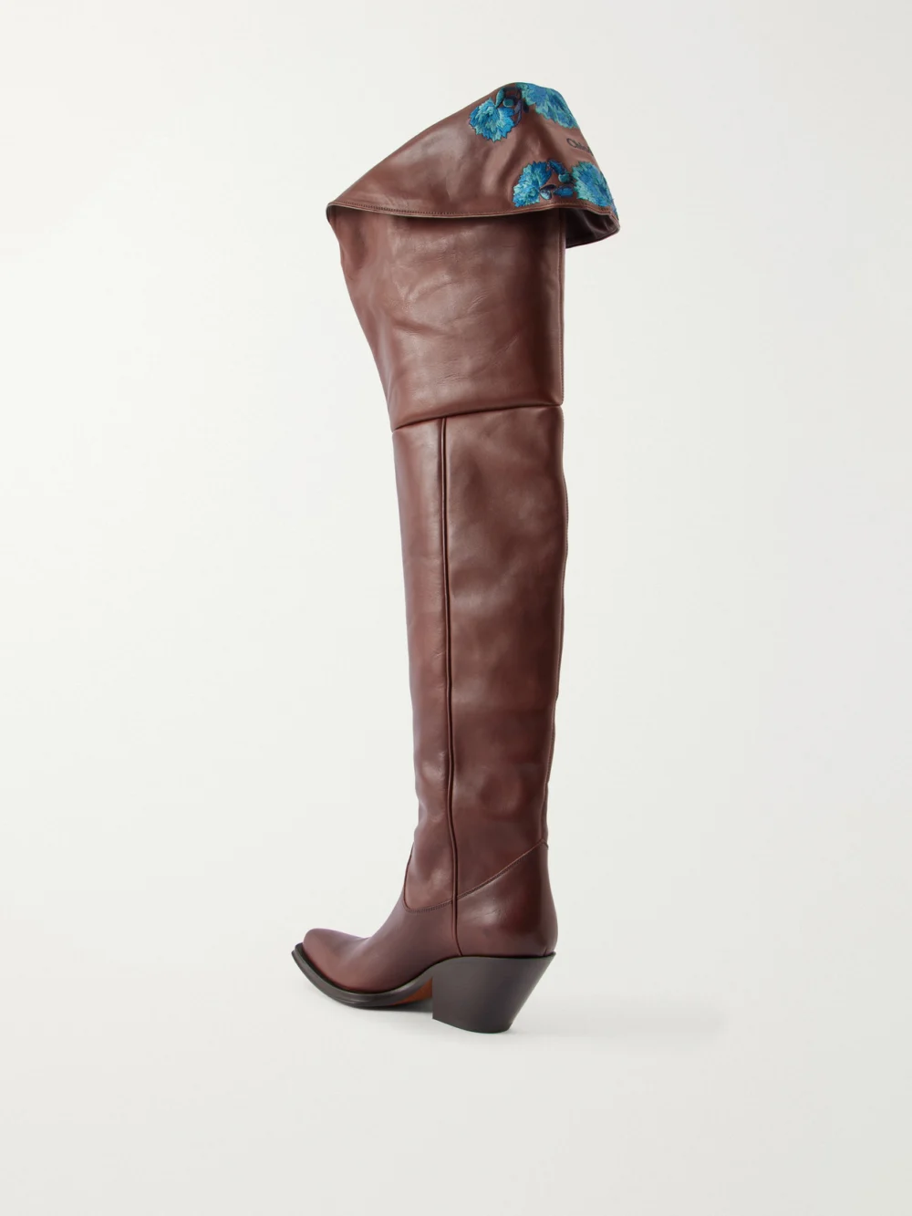 Back view of the Chloé Azelan Floral-embroidered Leather Over-the-knee Boots