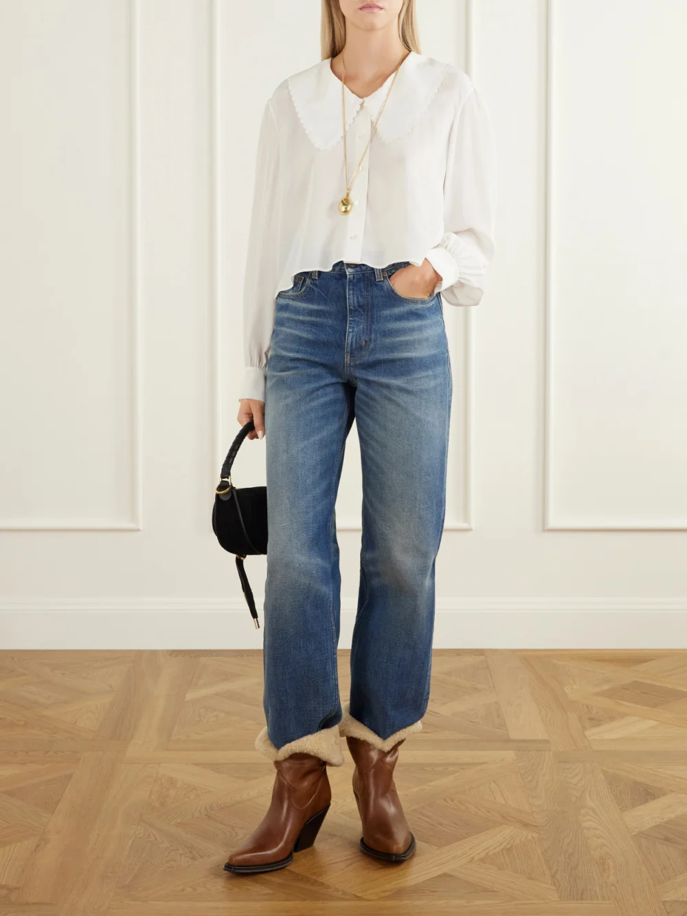 Chloé Azelan Shearling-trimmed Leather Ankle Boots, styled view