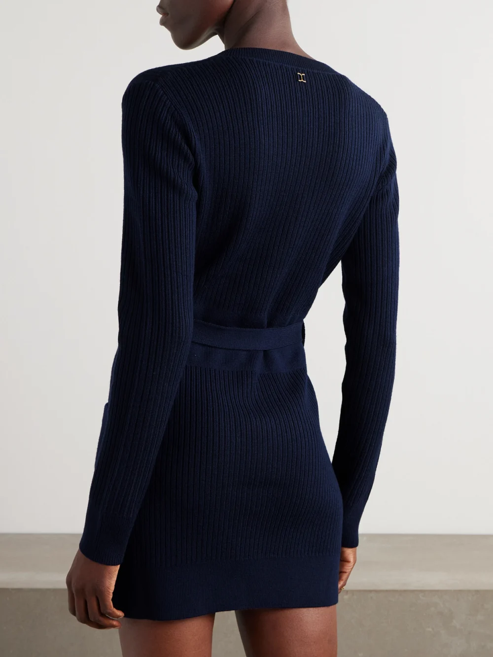 Back view of the Chloé Belted Ribbed Wool-blend Mini Dress
