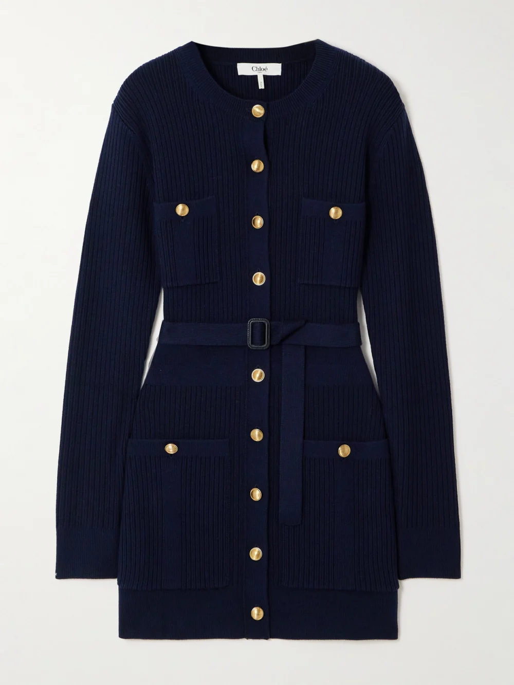 Chloé Belted Ribbed Wool-blend Mini Dress in navy