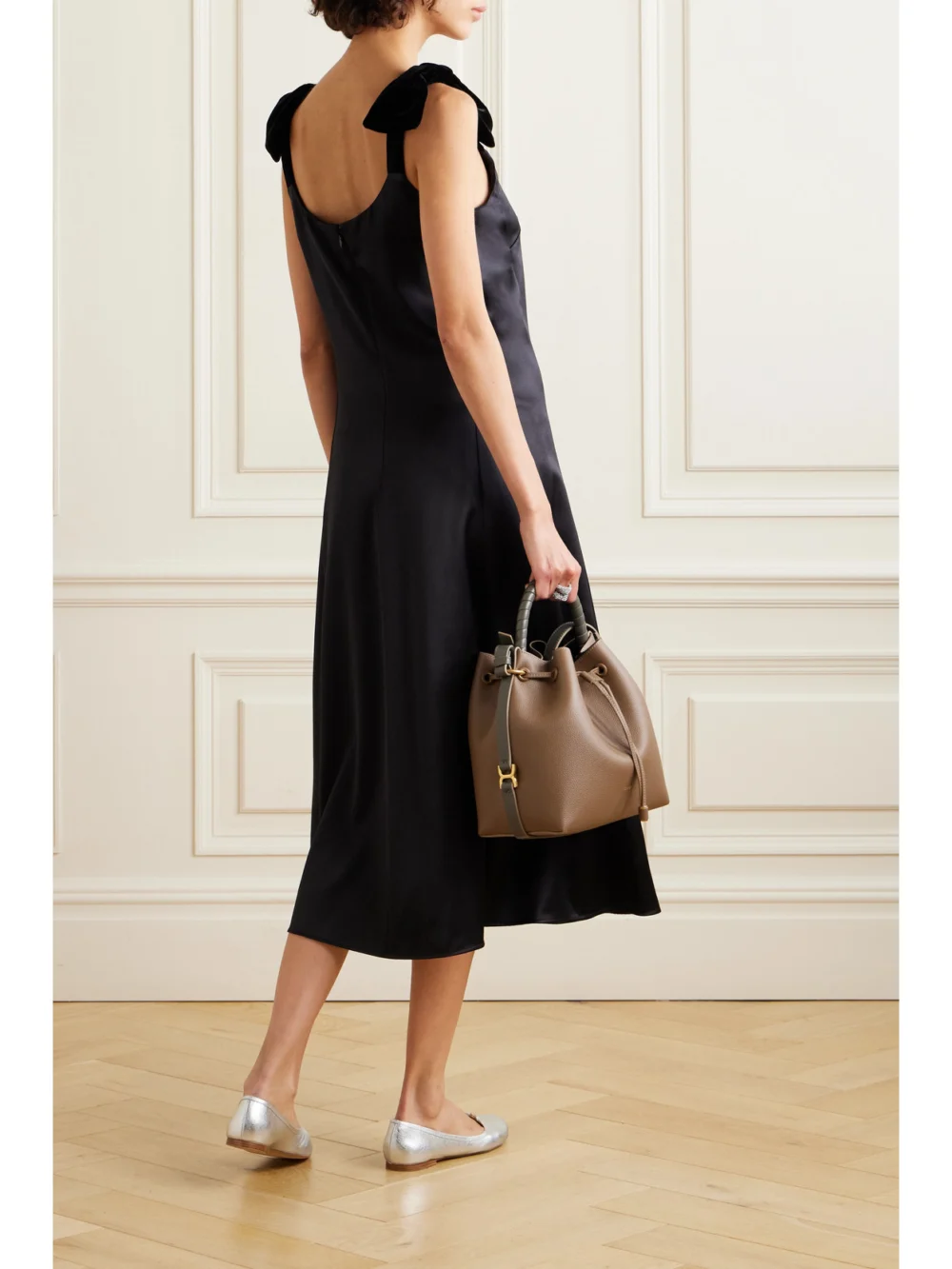 Back view of the Chloé Bow-embellished Velvet-trimmed Wool and Silk-blend Satin Midi Dress